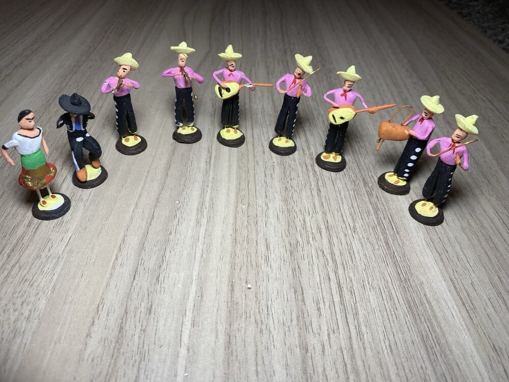 Vintage Mexican Folk Art Mariachi Band Figurines Set of 9 Hand Painted Miniature